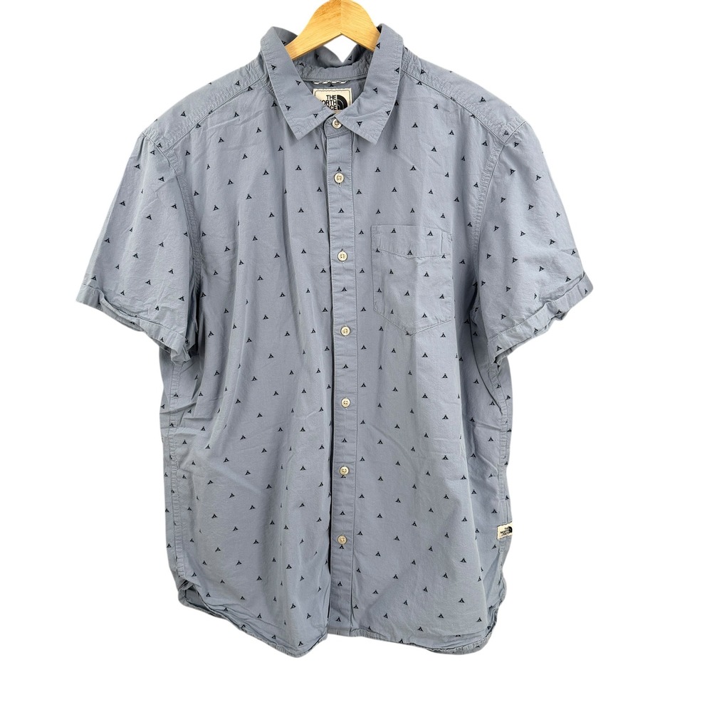 The North Face Button Down Mens‎ XL Blue Short Sleeve Tent Print Cotton Shirt